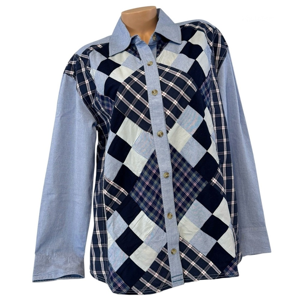 Free People Women's SMALL Patchwork Plaid Button Down Shirt Long Sleeve Blue